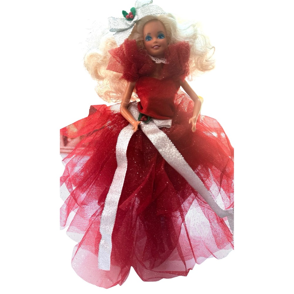 1988 Happy Holidays Barbie Doll Red Gown Silver Ribbon Vintage Mattel